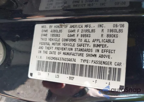 2007 Honda Accord 2.4 Lx from USA, damaged, VIN 1HGCM56437A034674